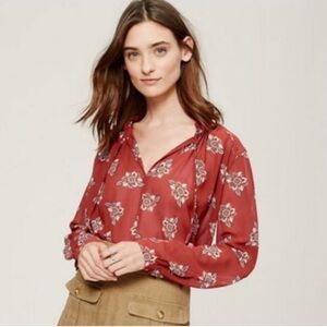 LOFT Women Top Orange Floral Long Sleeve Tie-Neck Sheer Professional Blouse XS
